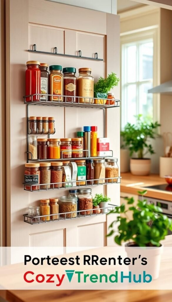 Spices artfully arranged on a stylish over-the-door hanging rack in a cozy kitchen setting. The foreground features jars of various spices—paprika, cumin, turmeric—as well as fresh herbs in small pots, all displayed in clear glass containers with wooden lids. In the middle, the rack is adorned with vibrant packaging, highlighting the organizational aspect of pantry items and bottles. The background showcases a warm, inviting kitchen with light-colored cabinets and a soft wooden countertop, bathed in natural light filtering in from a nearby window. The atmosphere is homey and functional, reflecting a modern rustic style tailored for renters. The scene is styled in a Pinterest-inspired aesthetic, branded with "CozyTrendHub" subtly integrated into the overall design. Spices artfully arranged on a stylish over-the-door hanging rack in a cozy kitchen setting. The foreground features jars of various spices—paprika, cumin, turmeric—as well as fresh herbs in small pots, all displayed in clear glass containers with wooden lids. In the middle, the rack is adorned with vibrant packaging, highlighting the organizational aspect of pantry items and bottles. The background showcases a warm, inviting kitchen with light-colored cabinets and a soft wooden countertop, bathed in natural light filtering in from a nearby window. The atmosphere is homey and functional, reflecting a modern rustic style tailored for renters. The scene is styled in a Pinterest-inspired aesthetic, branded with "CozyTrendHub" subtly integrated into the overall design.