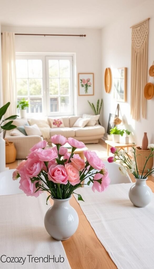 Spring decor ideas featuring a cozy shared living space. In the foreground, a stylish dining table adorned with pastel-colored flowers in ceramic vases, and light linen table runners. The middle frame showcases a bright and airy room, decorated with tasteful spring-themed accents like floral cushions and tasteful wall art, emphasizing a harmonious blend of colors. In the background, a large window allows warm sunlight to stream in, illuminating the space and creating a cheerful atmosphere. Soft textures like woven baskets and macrame wall hangings add warmth. Overall, the scene evokes a friendly and inviting mood, perfect for roommates, with a minimalist yet inviting design reflecting the brand "CozyTrendHub."