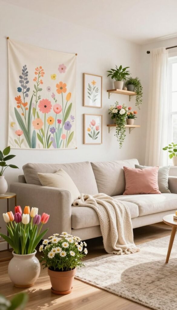 Spring wall accents in a vibrant living room setting, showcasing an array of renter-friendly floral decorations. The foreground features a stylish, non-permanent wall tapestry with intricate pastel floral patterns, complemented by an assortment of potted flowers&mdash;a mix of tulips and daisies&mdash;in soft ceramic pots. In the middle, a cozy sofa draped with a light linen throw sits atop a textured area rug, surrounded by chic wall-mounted shelves displaying more floral-themed decor, like framed botanical prints and hanging plant arrangements. The background features a softly lit window with sheer curtains, allowing natural sunlight to filter through, enhancing the warm, inviting atmosphere. Overall, the image evokes a cheerful spring ambiance, embodying a Pinterest-style lifestyle with a focus on stylish, seasonal home decor curated by CozyTrendHub.
