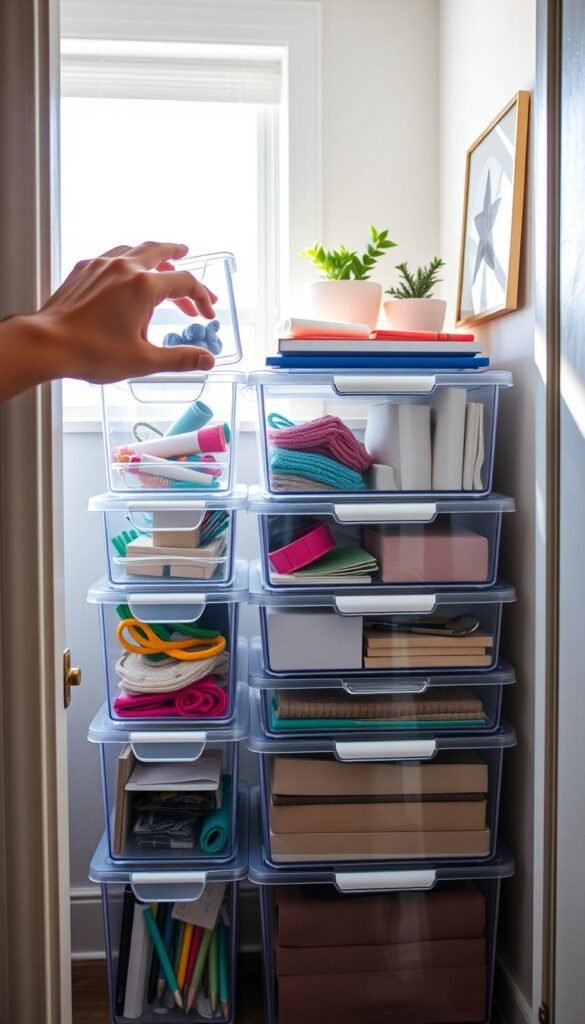 Stackable clear bins neatly arranged in a small, modern closet setting, ideal for organizing various small items. The bins should be transparent, showcasing colorful office supplies, craft materials, and small accessories inside. In the foreground, a hand is reaching for one of the bins, depicted without any person in the frame. The middle area features the bins stacked strategically to maximize space, displaying a tidy, organized look. Soft, natural light filters through a nearby window, casting gentle shadows, creating a warm and inviting atmosphere. The background should include subtle hints of cozy decor, like a small potted plant and a framed picture on the closet wall, capturing a Pinterest-style aesthetic. The image style should reflect the brand identity of "CozyTrendHub."