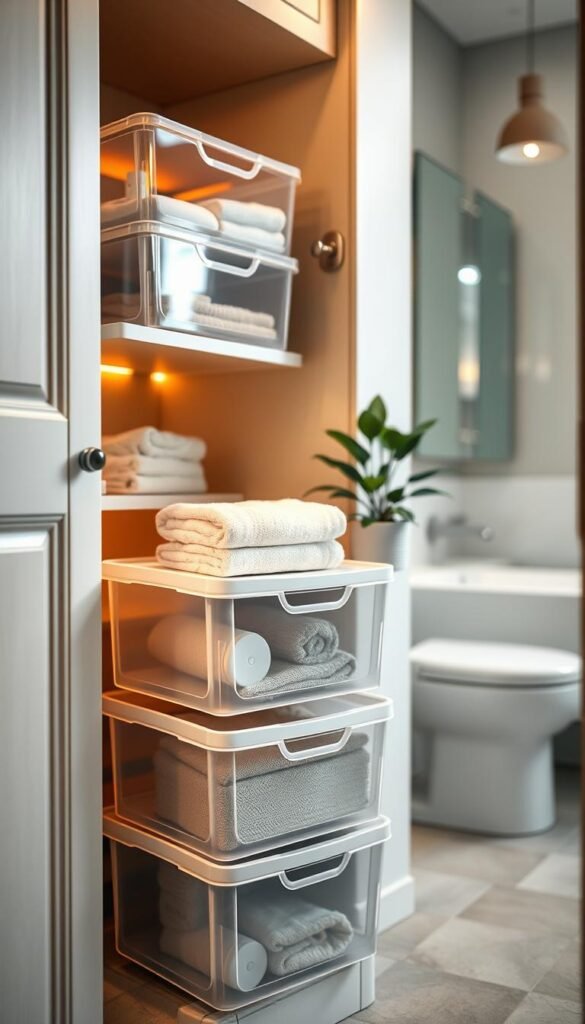 Stackable drawers elegantly arranged in a well-organized bathroom cabinet, featuring a mix of clear and textured bins for efficient storage. The foreground showcases the stackable drawers, crafted from durable plastic, with a minimalist design in soft neutral colors. The middle ground includes neatly arranged toiletries, towels, and small bathroom essentials peeking out from the bins. In the background, a stylish bathroom with warm, inviting lighting creates a cozy atmosphere, enhanced by soft shadows. The shot is taken from a slightly elevated angle, highlighting the depth of the cabinets. A subtle hint of greenery from a small potted plant adds a refreshing touch, embodying a serene, clutter-free vibe for small and shared spaces. Inspired by the aesthetic of CozyTrendHub, this image captures practical yet stylish storage solutions.