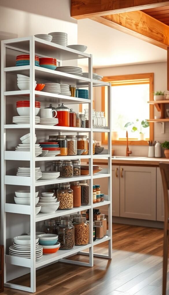 Stackable shelves pantry filled with dishes, cups, and jars, organized for maximum efficiency. In the foreground, a sleek set of white, modern stackable shelves displays neatly arranged colorful dishes and elegant glassware. In the middle, various pantry items like jars filled with grains, spices, and snacks are visible, demonstrating practical storage solutions. The background features a warm, inviting kitchen with wood accents, soft natural light streaming in through a window, casting gentle shadows. The overall ambiance is cozy and stylish, emphasizing a well-organized space. Shot from a slightly elevated angle to capture depth, the scene conveys a sense of tidiness and functionality, ideal for modern home d&eacute;cor inspirations. CozyTrendHub.