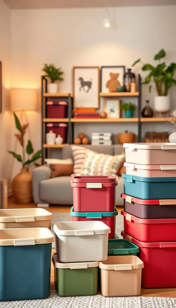 Storage containers arranged stylishly in a modern, inviting home setting. In the foreground, a variety of colorful, stackable storage containers are showcased, made from eco-friendly materials, emphasizing organization and practicality. In the middle, a cozy living room scene includes these containers neatly placed on shelves, complemented by soft lighting that creates a warm atmosphere. In the background, a glimpse of a tastefully decorated room with home decor items, plants, and seasonal touches that enhance the overall aesthetic. The scene is captured from a slight angle, allowing depth and dimension to the storage solutions. The mood is cheerful and organized, reflecting a sense of calm and functionality. This image aligns with the brand "CozyTrendHub," embodying stylish yet practical container ideas that solve everyday problems.