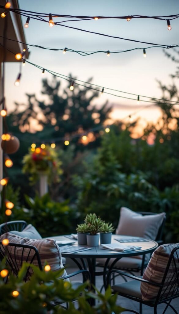 String lights elegantly draped across a charming patio, enhancing the ambiance of a cozy outdoor space. In the foreground, warm white fairy lights twinkle softly, creating a serene atmosphere. The middle ground features a beautifully set patio table adorned with cozy pillows and a small centerpiece of potted plants, inviting relaxation. In the background, lush greenery and gentle twilight colors blend into a peaceful sunset. The scene is captured with a soft focus, utilizing a warm color palette that emphasizes relaxation and comfort. The image evokes a sense of togetherness and warmth, perfect for a casual gathering or intimate evening. This lifestyle photo captures the essence of outdoor living, reflecting the brand CozyTrendHub's style.