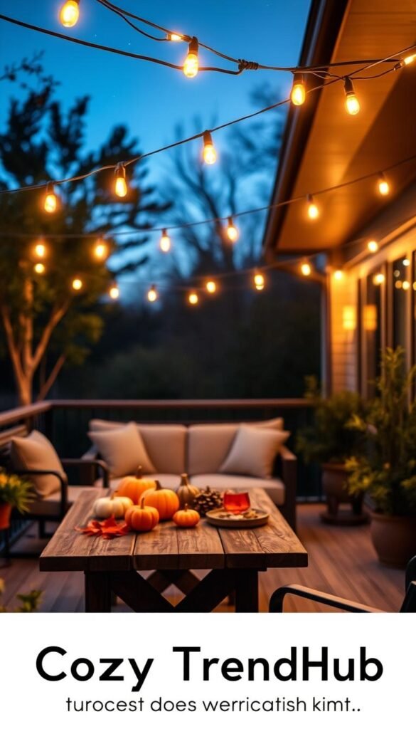 String lights elegantly draped across a cozy patio during twilight, casting a warm and inviting glow. The foreground features delicate, glowing bulbs strung over a rustic wooden table adorned with seasonal d&eacute;cor&mdash;think pumpkins and autumn leaves. In the middle, a comfortable seating arrangement with plush cushions invites relaxation, surrounded by potted plants that add a touch of greenery. The background showcases softly blurred, silhouetted trees and a starry night sky, enhancing the tranquil atmosphere. The scene is illuminated by the gentle light of the string lights, creating an enchanting and budget-friendly ambiance for holiday gatherings. The style reflects a Pinterest-worthy aesthetic, perfect for "CozyTrendHub," emphasizing warmth, togetherness, and seasonal celebration. Capture the essence with a wide-angle lens for a natural, immersive feel.