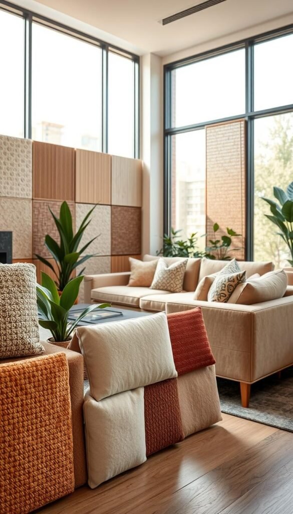 Stylish decor panels designed for sound absorption in a modern living space. In the foreground, showcase an elegant arrangement of multi-textured, sound-absorbing wall panels in soft pastels and earthy tones, seamlessly integrated into the decor. The middle ground captures a cozy lounge area featuring a plush sofa adorned with patterned cushions that complement the panels. Scatter a few indoor plants to add vibrancy. In the background, large windows let in warm, diffused light, creating a bright, inviting atmosphere. Use a wide-angle lens to emphasize the space and depth. The overall mood should be tranquil and sophisticated, perfect for a stylish, noise-reducing environment. This image reflects the essence of "CozyTrendHub" and serves as inspiration for decor in busy urban homes. Stylish decor panels designed for sound absorption in a modern living space. In the foreground, showcase an elegant arrangement of multi-textured, sound-absorbing wall panels in soft pastels and earthy tones, seamlessly integrated into the decor. The middle ground captures a cozy lounge area featuring a plush sofa adorned with patterned cushions that complement the panels. Scatter a few indoor plants to add vibrancy. In the background, large windows let in warm, diffused light, creating a bright, inviting atmosphere. Use a wide-angle lens to emphasize the space and depth. The overall mood should be tranquil and sophisticated, perfect for a stylish, noise-reducing environment. This image reflects the essence of "CozyTrendHub" and serves as inspiration for decor in busy urban homes.