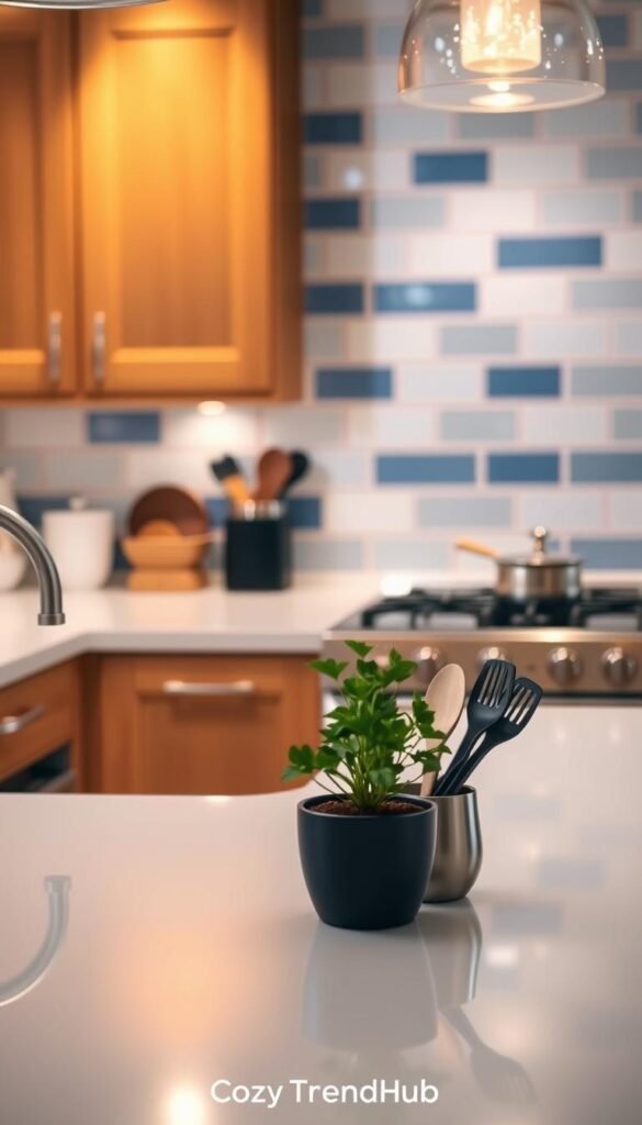 Stylish kitchen setting showcasing rental-friendly backsplash ideas that resemble real tile. Foreground features a sleek countertop with a small potted herb plant and chic utensils. Middle ground includes a vibrant, adhesive backsplash in shades of blue, white, and gray, mimicking classic subway tiles. The backsplash reflects light, adding a modern touch. Background displays warm wooden cabinetry and soft ambient lighting, creating an inviting atmosphere. A cozy rug adds texture, enhancing the overall warmth of the space. The scene captures a Pinterest-inspired lifestyle photo aesthetic, ideal for renters on a budget looking to elevate their kitchen decor. Shot with a warm filter, giving a homey feel, emphasizing elegance and simplicity by CozyTrendHub. Stylish kitchen setting showcasing rental-friendly backsplash ideas that resemble real tile. Foreground features a sleek countertop with a small potted herb plant and chic utensils. Middle ground includes a vibrant, adhesive backsplash in shades of blue, white, and gray, mimicking classic subway tiles. The backsplash reflects light, adding a modern touch. Background displays warm wooden cabinetry and soft ambient lighting, creating an inviting atmosphere. A cozy rug adds texture, enhancing the overall warmth of the space. The scene captures a Pinterest-inspired lifestyle photo aesthetic, ideal for renters on a budget looking to elevate their kitchen decor. Shot with a warm filter, giving a homey feel, emphasizing elegance and simplicity by CozyTrendHub.
