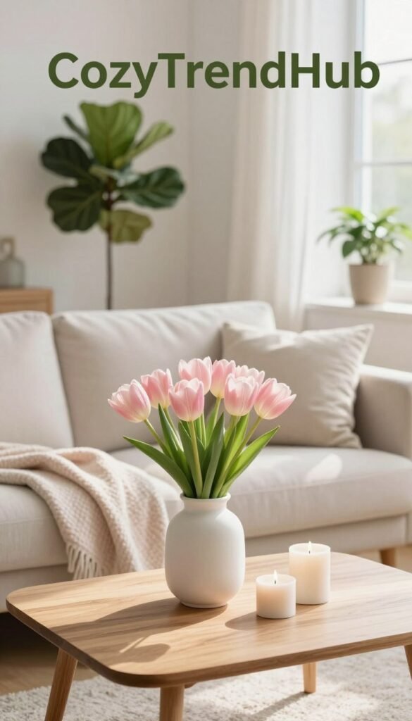 Stylish minimalist spring decor arrangement featuring a serene living room setting with soft neutral tones and natural textures. In the foreground, a simple wooden coffee table adorned with a delicate white ceramic vase filled with fresh, pale pink tulips, paired with a few small, elegant candles. The middle ground showcases a cozy, light-colored sofa draped with a pastel throw blanket, and a few tastefully placed decorative pillows. In the background, large windows allow warm, natural light to flood the space, highlighting potted greenery such as a fiddle leaf fig and a string of pearls plant. The atmosphere is airy and tranquil, exemplifying modern spring elegance. Designed for &ldquo;CozyTrendHub,&rdquo; this image captures the essence of impactful, minimal decor with soft shadows and a clean composition, evoking a fresh and inviting spring vibe.