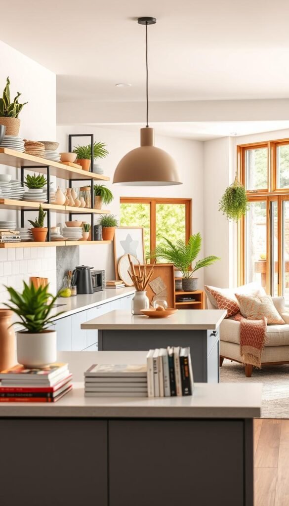Stylish open shelving in a modern, well-organized kitchen setting. In the foreground, a beautifully arranged shelf displays a mix of chic dinnerware, decorative plants, and neatly stacked cookbooks. The middle ground features a kitchen island with bright pendant lighting casting a warm glow over the scene. In the background, a cozy living area integrates with the kitchen, showcasing soft textiles and wooden accents to create a harmonious flow. Bright, natural light pours in through large windows, enhancing the inviting atmosphere. The overall mood is warm and homely, reflecting a Pinterest-worthy lifestyle. Capture this suffused ambiance with a wide-angle lens, focusing on vibrant colors and textures. Inspired by CozyTrendHub, the image should evoke organization and style while maintaining a sense of warmth and comfort.