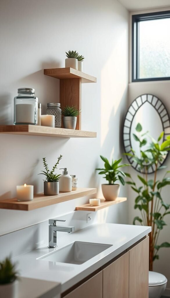 Stylish wall shelves adorned with neatly arranged toiletries, such as elegant glass jars, scented candles, and decorative plants, create an inviting atmosphere in a modern bathroom setting. The shelves, crafted from light wood with a matte finish, are mounted above a sleek white countertop that contrasts beautifully with soft, warm lighting filtering through a frosted window. In the background, a decorative mirror reflects vibrant greenery, enhancing the peaceful ambiance. The focus is sharp, with a slight depth of field effect that softly blurs the edges, emphasizing the comforting decor. The overall mood is serene and organized, perfect for easy access to daily essentials. This Pinterest-style lifestyle image resonates with home d&eacute;cor enthusiasts. CozyTrendHub.