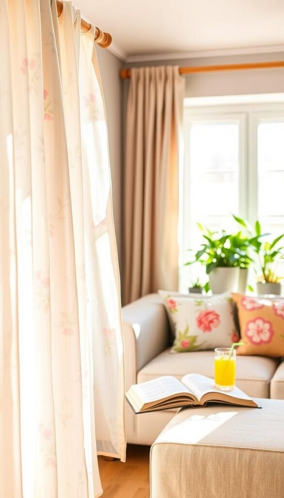 Summer decor curtains gently flutter in a sunlit room, showcasing a beautiful, airy fabric with pastel floral patterns that evoke a fresh, breezy atmosphere. In the foreground, the soft, flowing curtains drape elegantly from a trendy wooden curtain rod, their delicate textures catching the sunlight. In the middle ground, a cozy nook features a light-colored sofa adorned with vibrant cushions, an open book resting beside a refreshing lemonade, emphasizing the inviting summer vibe. The background reveals a bright window framed with potted green plants, enhancing the overall freshness of the scene. The lighting is warm and natural, casting a gentle glow across the room. This aesthetic image captures the essence of summer decor for hot apartments that blocks sun and feels lighter, resonating with the ethos of "CozyTrendHub." Summer decor curtains gently flutter in a sunlit room, showcasing a beautiful, airy fabric with pastel floral patterns that evoke a fresh, breezy atmosphere. In the foreground, the soft, flowing curtains drape elegantly from a trendy wooden curtain rod, their delicate textures catching the sunlight. In the middle ground, a cozy nook features a light-colored sofa adorned with vibrant cushions, an open book resting beside a refreshing lemonade, emphasizing the inviting summer vibe. The background reveals a bright window framed with potted green plants, enhancing the overall freshness of the scene. The lighting is warm and natural, casting a gentle glow across the room. This aesthetic image captures the essence of summer decor for hot apartments that blocks sun and feels lighter, resonating with the ethos of "CozyTrendHub."