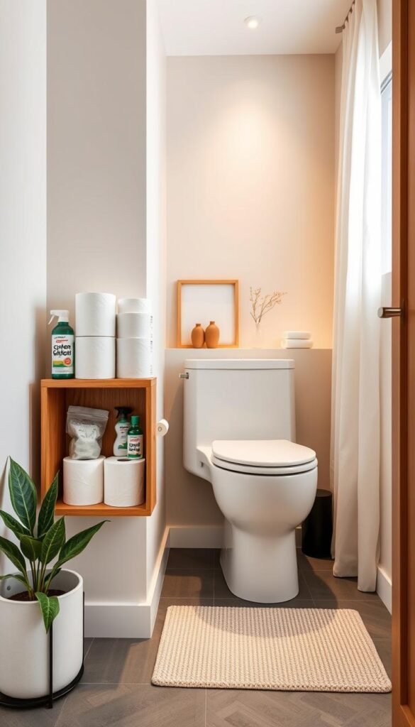Toilet-adjacent storage solution featuring a stylish, compact wooden shelf with neatly stacked rolls of white toilet paper and essential cleaning supplies like sprays and wipes. The foreground includes a decorative plant in a chic pot next to the shelf, adding a touch of greenery. The middle section showcases an elegantly arranged toilet space with subtle pastel wall colors and minimalistic decor. Soft, warm lighting illuminates the space, creating a cozy atmosphere. A neutral, textured bath mat is in the foreground. The background presents a small bathroom window with sheer curtains, allowing natural light to filter in gently. The overall mood is organized and inviting, embodying the brand "CozyTrendHub."
