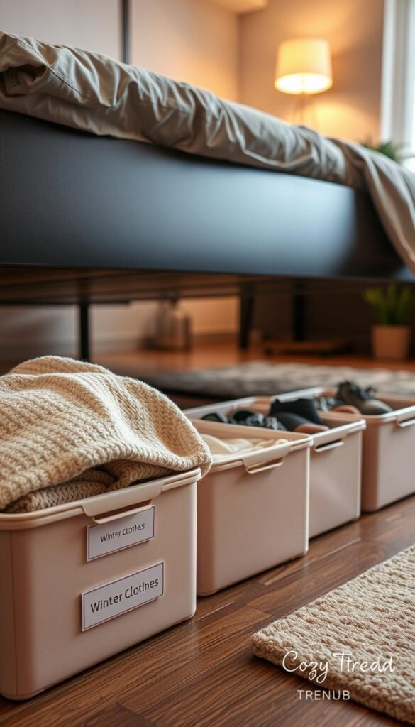 Under-bed storage bins arranged neatly beneath a stylish modern bed frame, showcasing a variety of containers in soft pastel colors, designed for clothing, shoes, and seasonal items. The foreground features a close-up of a bin labeled "Winter Clothes," partially opened to reveal cozy sweaters, while others display neatly folded shoes and accessories. The middle ground captures the spacious, well-organized under-bed area, emphasizing a tidy, minimalist aesthetic. In the background, a dimly lit room with warm lighting enhances a cozy atmosphere, showcasing tasteful home decor elements like a decorative rug and potted plants. The shot is taken from a low angle, conveying a sense of spaciousness and inviting tranquility, reminiscent of Pinterest-style lifestyle images. The branding &ldquo;CozyTrendHub&rdquo; subtly integrated into the scene.
