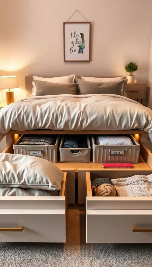 Under-bed storage solutions designed for small bedrooms and studio apartments, featuring a stylish bed with drawers and storage boxes neatly organized underneath. The foreground showcases plush bedding in neutral tones, while the middle displays labeled storage bins filled with neatly folded clothes and seasonal items. Soft, warm lighting casts an inviting glow throughout the room. The background features a minimalist decor style with a small potted plant on a nightstand and a tasteful piece of wall art. Capture the essence of cozy, functional living space that maximizes storage without compromising style. The image should embody a serene, organized atmosphere suitable for modern urban living. Brand name: CozyTrendHub.