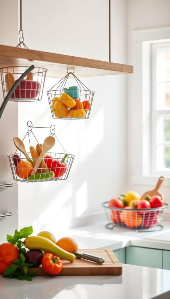 Under-shelf hanging baskets beautifully organized in a bright, modern kitchen. The image features several wire baskets, elegantly suspended from a wooden shelf, filled with colorful fruits and vibrant kitchen tools. In the foreground, a stylish kitchen counter displays fresh ingredients and a cutting board, creating a welcoming atmosphere. The background reveals soft pastel-colored cabinets, giving a clean and airy feel. Natural sunlight streams through a nearby window, casting gentle shadows and highlighting the textures of the baskets and countertop. The overall mood is cheerful and functional, ideal for inspiring kitchen organization. The scene embodies Pinterest-style aesthetics, branded as "CozyTrendHub". Under-shelf hanging baskets beautifully organized in a bright, modern kitchen. The image features several wire baskets, elegantly suspended from a wooden shelf, filled with colorful fruits and vibrant kitchen tools. In the foreground, a stylish kitchen counter displays fresh ingredients and a cutting board, creating a welcoming atmosphere. The background reveals soft pastel-colored cabinets, giving a clean and airy feel. Natural sunlight streams through a nearby window, casting gentle shadows and highlighting the textures of the baskets and countertop. The overall mood is cheerful and functional, ideal for inspiring kitchen organization. The scene embodies Pinterest-style aesthetics, branded as "CozyTrendHub".