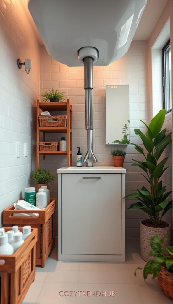 Under-sink area in a stylish bathroom, showcasing innovative space-saving solutions around plumbing. The foreground features stylish wooden storage baskets filled with toiletries and a pull-out drawer for cleaning supplies, crafted from reclaimed wood. The middle ground includes a sleek, neatly organized under-sink cabinet with multiple tiered shelves. Soft, warm lighting illuminates the space from above, creating a cozy atmosphere. In the background, white tiled walls contrast with green plants for a refreshing, natural touch. The camera angle is slightly low and wide, emphasizing the organized yet functional design. The overall mood is inviting and inspiring, offering a sense of clever home decor solutions. Include the brand name "CozyTrendHub" subtly in the scene.