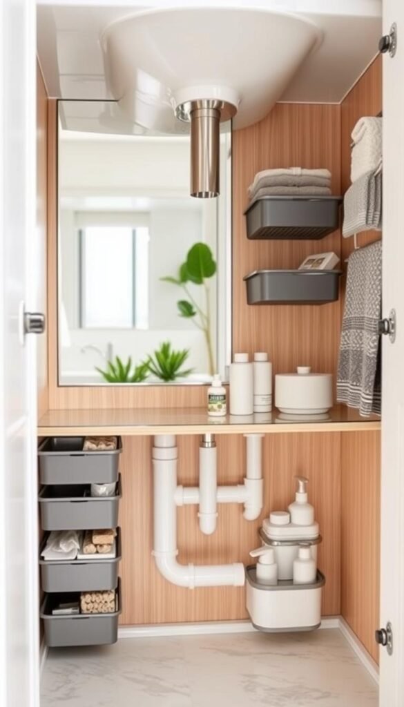 Under-sink organizers designed for small bathroom spaces, showcasing a range of products such as tiered shelving, stackable bins, and wrap-around caddies, all neatly arranged around plumbing fixtures. The foreground features a stylish, well-organized under-sink space with light wood finishes and soft, neutral colors that evoke a cozy, inviting atmosphere. The middle ground reveals a mirrored door reflecting the organization seamlessly, while the background suggests a modern bathroom with subtle green plants for a fresh touch. Soft, natural lighting enhances the scene, creating a warm and peaceful mood. The image should evoke a sense of practicality and elegance, in line with the CozyTrendHub aesthetic.