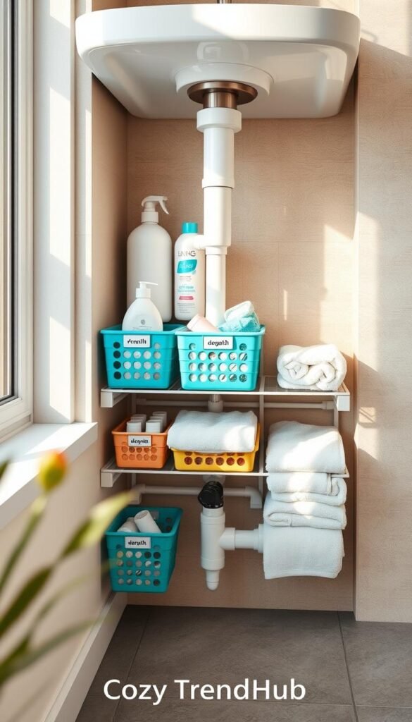 Under-sink storage in a modern bathroom, featuring a stylish organizer that skillfully accommodates plumbing pipes. The scene showcases a neatly arranged space with vibrant baskets filled with toiletries, cleaning supplies, and towels, all in soft pastel colors. The organizer has multiple layers, allowing easy access while maintaining a clean aesthetic. In the foreground, light filters through a nearby window, creating gentle shadows. The middle area highlights the innovative storage solutions, with labels for easy identification. The background shows a textured wall in neutral tones, enhancing the cozy atmosphere. Capture this in a Pinterest-style lifestyle photo, reflecting contemporary home decor trends. Include the brand "CozyTrendHub" subtly in the composition, emphasizing functionality and style. Under-sink storage in a modern bathroom, featuring a stylish organizer that skillfully accommodates plumbing pipes. The scene showcases a neatly arranged space with vibrant baskets filled with toiletries, cleaning supplies, and towels, all in soft pastel colors. The organizer has multiple layers, allowing easy access while maintaining a clean aesthetic. In the foreground, light filters through a nearby window, creating gentle shadows. The middle area highlights the innovative storage solutions, with labels for easy identification. The background shows a textured wall in neutral tones, enhancing the cozy atmosphere. Capture this in a Pinterest-style lifestyle photo, reflecting contemporary home decor trends. Include the brand "CozyTrendHub" subtly in the composition, emphasizing functionality and style.
