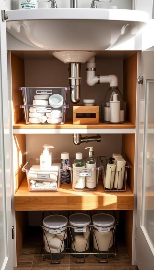 Under-sink storage solution in a small bathroom, featuring stylish and functional organizers that cleverly navigate plumbing pipes. The scene includes clear acrylic bins, bamboo drawer dividers, and a pull-out wire basket, all neatly arranged to maximize space efficiency. The foreground showcases neatly labeled containers filled with toiletries and cleaning supplies, while the middle layer reveals a minimalistic, well-organized space that feels cozy and inviting. The background features soft, natural lighting filtering in from a nearby window, casting gentle shadows that enhance the textures of wood and acrylic materials. The overall atmosphere conveys a warm, stylish home decor with a touch of modern elegance. This image embodies the essence of practical organization, perfect for a small bathroom. CozyTrendHub.