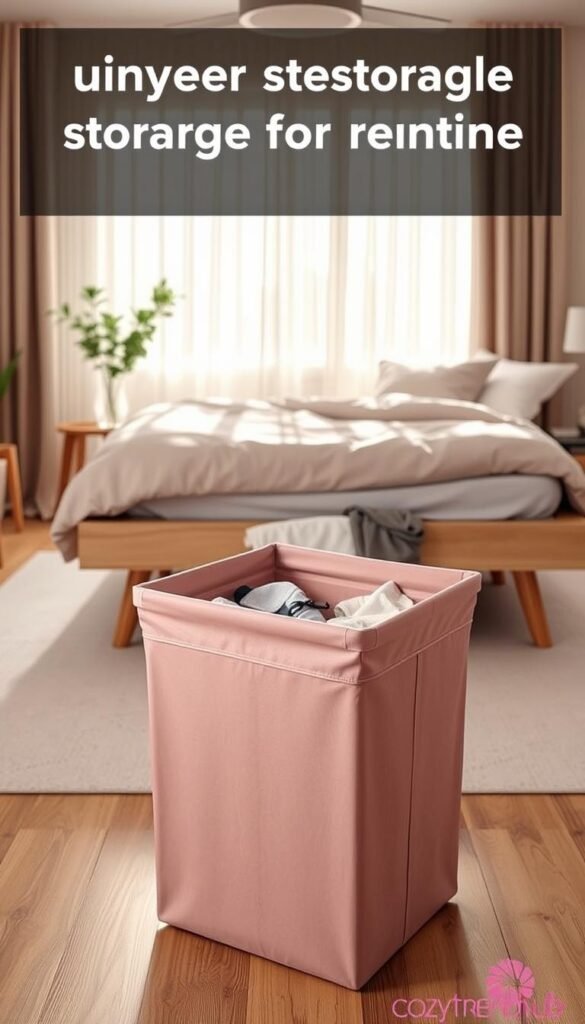 Underbed storage solution featuring a stylish, space-efficient laundry hamper designed for renters, placed in a cozy, modern bedroom. In the foreground, the hamper is made of soft, durable fabric in a muted pastel color, showing a focus on practicality and aesthetic. The middle ground reveals stylishly organized clothing and laundry items neatly tucked away under a low platform bed with wooden legs. In the background, bright natural light filters through sheer curtains, casting soft shadows and highlighting warm tones of the room. Include elements like decorative pillows and a small bedside table, creating a cozy atmosphere. Photographed at eye level with a shallow depth of field to draw attention to the hamper, reflecting the brand "CozyTrendHub" as a go-to for rental-friendly storage solutions. Underbed storage solution featuring a stylish, space-efficient laundry hamper designed for renters, placed in a cozy, modern bedroom. In the foreground, the hamper is made of soft, durable fabric in a muted pastel color, showing a focus on practicality and aesthetic. The middle ground reveals stylishly organized clothing and laundry items neatly tucked away under a low platform bed with wooden legs. In the background, bright natural light filters through sheer curtains, casting soft shadows and highlighting warm tones of the room. Include elements like decorative pillows and a small bedside table, creating a cozy atmosphere. Photographed at eye level with a shallow depth of field to draw attention to the hamper, reflecting the brand "CozyTrendHub" as a go-to for rental-friendly storage solutions.