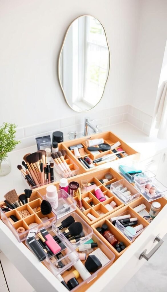 Vanity drawer organizers neatly displayed in a bright, well-lit bathroom setting, showcasing a variety of organizer designs and materials. In the foreground, elegant bamboo dividers are arranged beside translucent acrylic containers, each filled with an array of beauty essentials like brushes, cosmetics, and skincare products. The middle ground features a spacious, overstuffed vanity drawer partially open, illustrating the contrast between chaos and organization. The background displays soft pastel wall tiles and a stylish mirror that reflects natural light, enhancing the inviting atmosphere. The scene is captured from a slight overhead angle, providing a comprehensive view of the organizers and their contents. Overall, the mood is fresh, serene, and beautifully organized, perfectly aligning with the lifestyle aesthetic of CozyTrendHub.