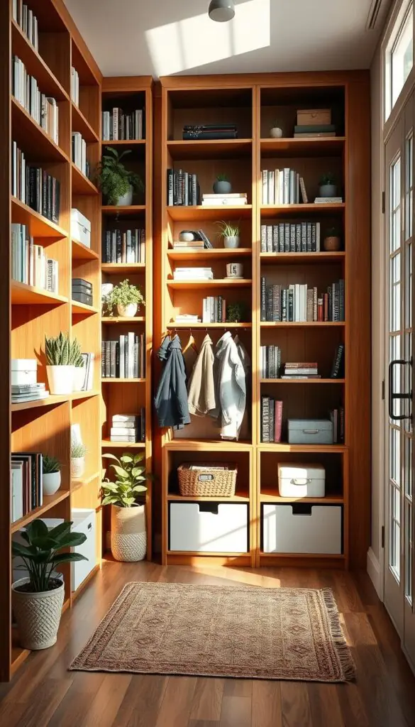 Vertical shelves and tall bookcases lined with an array of neatly organized books, potted plants, and stylish storage boxes create a cozy entry drop-zone. The wooden shelves are finished in a warm, inviting tone, casting gentle shadows in the soft, natural light filtering through a nearby window. A small, elegant rug lies on the floor, adding texture and warmth to the scene. In the background, a stylish coat rack is subtly visible, enhancing the functionality of the entryway. The overall mood is serene and inviting, capturing the essence of a perfectly curated space that maximizes vertical storage. Capture this image in a bright, airy atmosphere, with a wide-angle lens to encompass the entire setup, inspired by the home decor aesthetics of CozyTrendHub.