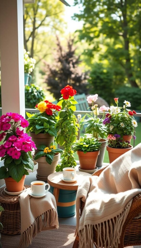 Vibrant container plants arranged on a stylish porch or patio, showcasing a variety of colorful flowers and lush greenery in decorative pots. In the foreground, a charming wicker chair with a cozy throw invites relaxation, while a small wooden side table holds a steaming cup of tea. The middle ground features an array of beautifully planted containers, including bright geraniums, trailing ivy, and cheerful daisies, perfectly arranged to create a welcoming atmosphere. The background reveals a sunlit garden, with soft, dappled light filtering through leafy trees, enhancing the serene vibe. Capture this scene with a warm, inviting color palette, using a soft-focus effect on the background and a bright, well-lit composition to evoke a feeling of spring and rejuvenation. Style it in the manner of a cozy, Pinterest-inspired lifestyle photo by CozyTrendHub. Vibrant container plants arranged on a stylish porch or patio, showcasing a variety of colorful flowers and lush greenery in decorative pots. In the foreground, a charming wicker chair with a cozy throw invites relaxation, while a small wooden side table holds a steaming cup of tea. The middle ground features an array of beautifully planted containers, including bright geraniums, trailing ivy, and cheerful daisies, perfectly arranged to create a welcoming atmosphere. The background reveals a sunlit garden, with soft, dappled light filtering through leafy trees, enhancing the serene vibe. Capture this scene with a warm, inviting color palette, using a soft-focus effect on the background and a bright, well-lit composition to evoke a feeling of spring and rejuvenation. Style it in the manner of a cozy, Pinterest-inspired lifestyle photo by CozyTrendHub.