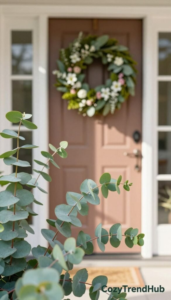 Vibrant eucalyptus leaves adorned with fresh green hues dominate the foreground, showcasing their intricate textures and natural variations. In the middle, a beautifully arranged spring wreath blends these eucalyptus leaves with delicate white florals and soft moss, surrounded by subtle hints of pastel blooms that add a touch of color. The background features a softly blurred front door of a charming home, painted in a warm hue that harmonizes with the wreath's earthy tones. Soft, natural sunlight filters through, casting gentle shadows and creating a serene, welcoming atmosphere. The composition captures a Pinterest-style lifestyle vibe, ideal for showcasing seasonal home decor trends. This image is branded with "CozyTrendHub" for a touch of authenticity.