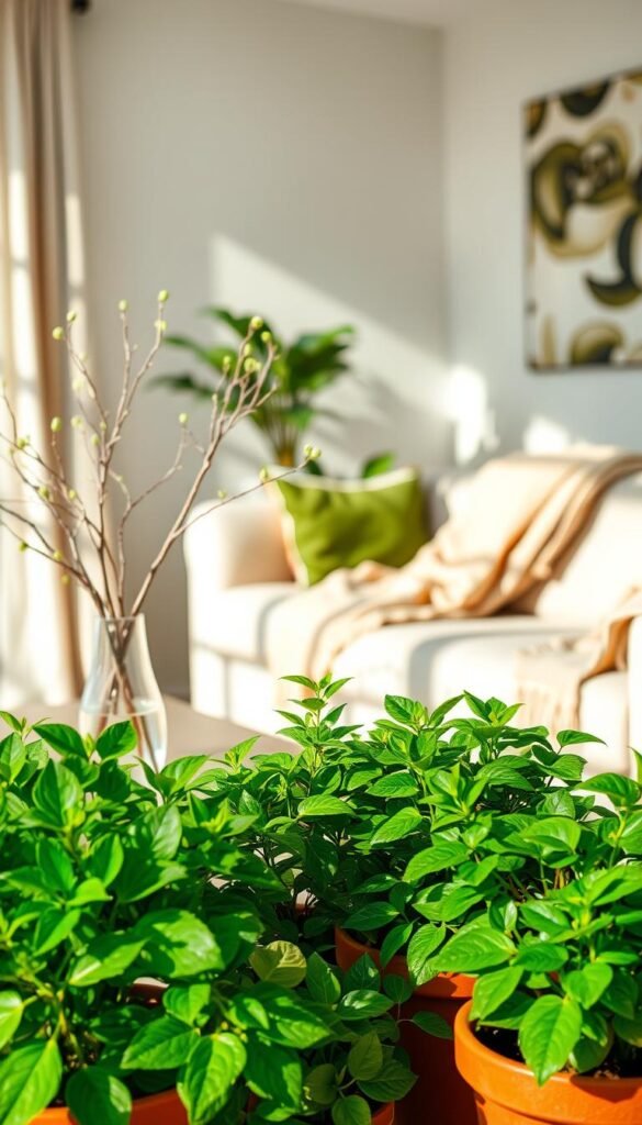 Vibrant fresh spring greenery fills a bright and airy indoor space, emphasizing the concept of bringing the outdoors in. In the foreground, a collection of potted plants in elegant terracotta pots displays lush green leaves, alongside delicate branches arranged in a clear vase. The middle ground features a soft, natural light casting gentle shadows, enhancing the vivid colors of the foliage. In the background, a cozy scene includes a light, neutral-toned sofa draped with a pastel throw blanket, inviting relaxation. The image captures a fresh, uplifting mood, perfect for spring decor inspiration. The composition should mimic a Pinterest-style lifestyle photo, showcasing inviting home decor with a focus on nature. Created for CozyTrendHub. Vibrant fresh spring greenery fills a bright and airy indoor space, emphasizing the concept of bringing the outdoors in. In the foreground, a collection of potted plants in elegant terracotta pots displays lush green leaves, alongside delicate branches arranged in a clear vase. The middle ground features a soft, natural light casting gentle shadows, enhancing the vivid colors of the foliage. In the background, a cozy scene includes a light, neutral-toned sofa draped with a pastel throw blanket, inviting relaxation. The image captures a fresh, uplifting mood, perfect for spring decor inspiration. The composition should mimic a Pinterest-style lifestyle photo, showcasing inviting home decor with a focus on nature. Created for CozyTrendHub.