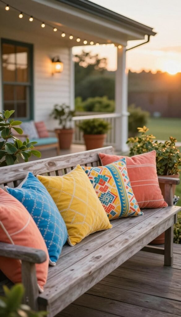 Vibrant outdoor pillows and cushions arranged artistically on a rustic wooden bench, showcasing a variety of colorful patterns and textures ideal for summer decor. In the foreground, a mix of bright blues, yellows, and coral hues create a warm, inviting atmosphere. The middle ground features potted plants with lush greenery, enhancing the cozy feel. The background includes a beautifully landscaped porch with hanging fairy lights, casting a soft, warm glow as the sun sets. Capture the scene with a shallow depth of field to emphasize the pillows while blurring the porch details slightly. The mood is cheerful and welcoming, perfect for summer gatherings. Style the image to resemble a Pinterest-worthy lifestyle photograph, embodying the essence of CozyTrendHub decor.