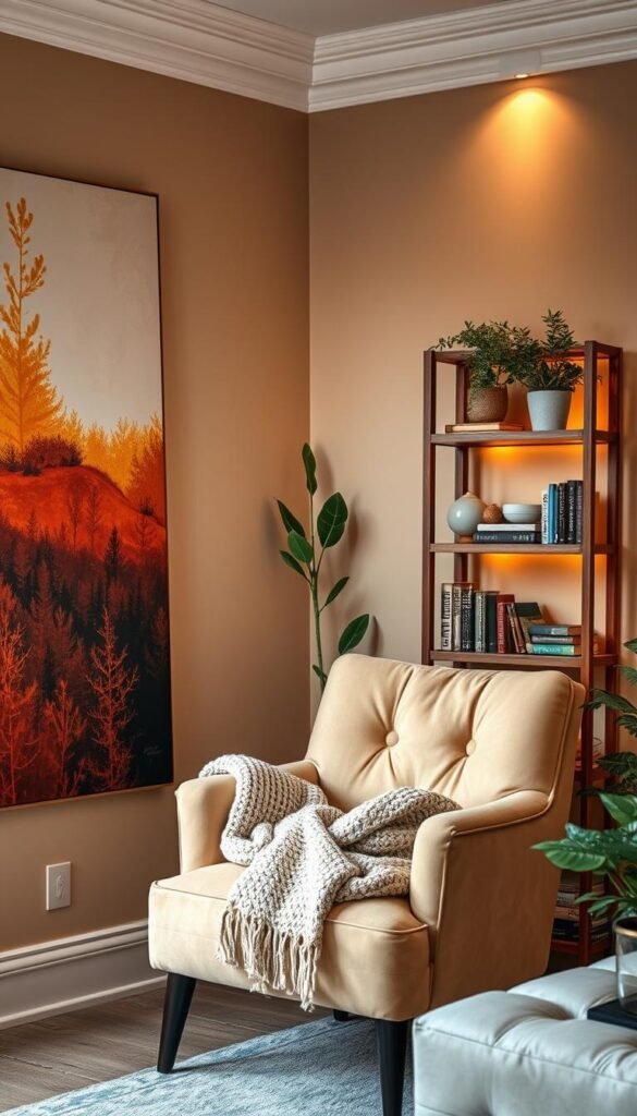 Vibrant wall art transforms a cozy corner into an inviting reading nook. The foreground features a stylish, oversized canvas painting in warm, earthy tones that evoke comfort and relaxation. In the middle, a rustic wooden bookshelf, filled with books and decorative plants, anchors the corner. A plush armchair in soft beige velvet sits nearby, with a knitted throw draped over one arm. The background showcases a softly lit wall with warm golden lighting, creating a serene atmosphere. The angle captures the corner from a slightly elevated perspective, highlighting the art piece as the focal point. The overall mood is tranquil and inviting, perfect for unwinding with a good book, reflecting the aesthetic of CozyTrendHub. Vibrant wall art transforms a cozy corner into an inviting reading nook. The foreground features a stylish, oversized canvas painting in warm, earthy tones that evoke comfort and relaxation. In the middle, a rustic wooden bookshelf, filled with books and decorative plants, anchors the corner. A plush armchair in soft beige velvet sits nearby, with a knitted throw draped over one arm. The background showcases a softly lit wall with warm golden lighting, creating a serene atmosphere. The angle captures the corner from a slightly elevated perspective, highlighting the art piece as the focal point. The overall mood is tranquil and inviting, perfect for unwinding with a good book, reflecting the aesthetic of CozyTrendHub.