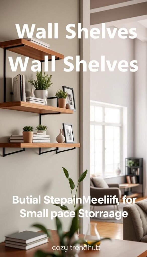 Wall shelves designed for small apartments, featuring a modern aesthetic with a combination of wooden and metal materials. In the foreground, showcase neatly arranged decorative items such as potted plants, books, and minimalist sculptures. The middle layer highlights the shelves mounted on a wall with a stylish paint color, accentuating the vertical space. In the background, a well-lit room with tall ceilings gives an airy feel, complete with a cozy reading nook. Natural light streams through a nearby window, creating soft shadows. The mood is warm and inviting, ideal for maximizing small space storage. The scene reflects a Pinterest-worthy lifestyle aesthetic, attributed to "CozyTrendHub". Wall shelves designed for small apartments, featuring a modern aesthetic with a combination of wooden and metal materials. In the foreground, showcase neatly arranged decorative items such as potted plants, books, and minimalist sculptures. The middle layer highlights the shelves mounted on a wall with a stylish paint color, accentuating the vertical space. In the background, a well-lit room with tall ceilings gives an airy feel, complete with a cozy reading nook. Natural light streams through a nearby window, creating soft shadows. The mood is warm and inviting, ideal for maximizing small space storage. The scene reflects a Pinterest-worthy lifestyle aesthetic, attributed to "CozyTrendHub".