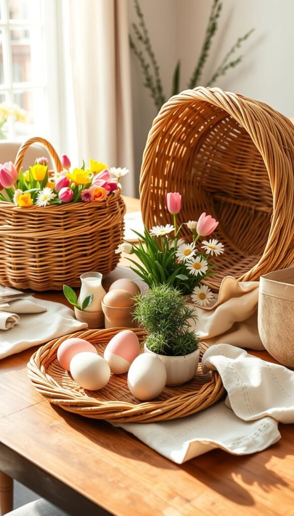 Wicker baskets arranged artfully on a beautifully styled wooden table, showcasing a vibrant spring decor theme. In the foreground, a large, intricately woven wicker basket filled with an array of colorful spring flowers like tulips and daisies creates a focal point. Adjacent to it, a low, round tray holds decorative eggs in pastel shades alongside a small potted plant, enhancing the seasonal touch. The middle ground features soft linen napkins in light shades draping elegantly around the items. In the background, a softly lit window allows natural sunlight to filter through, casting gentle shadows and creating a warm, inviting atmosphere. The scene reflects a cozy, Pinterest-style lifestyle aesthetic, perfect for springtime celebrations. Styled by CozyTrendHub.