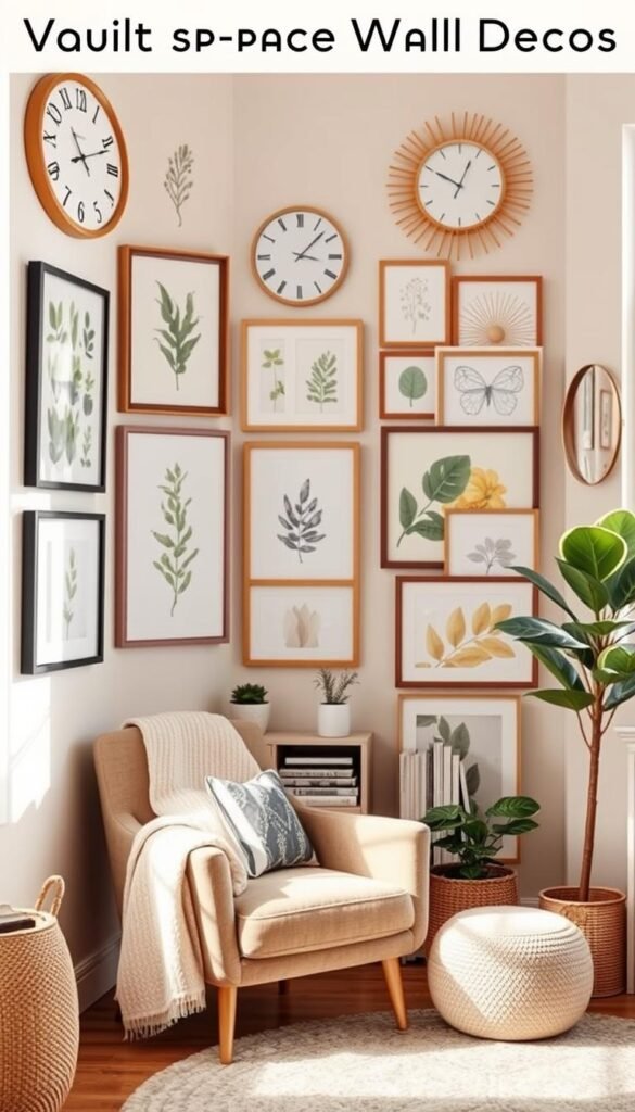 a beautifully arranged small-space wall decor scene featuring a variety of stylish wall art, including framed botanical prints, a minimalist clock, and decorative mirrors. In the foreground, a cozy reading nook is highlighted by a plush armchair draped with a soft throw, and a small bookshelf filled with neatly stacked books and potted plants. The middle ground showcases a gallery wall with an eclectic mix of art styles and colors, all carefully curated to enhance the space. The background features a soft pastel color palette, complemented by natural light streaming in through a window, creating an inviting and warm atmosphere. Capture this in a realistic, Pinterest-style photograph, evoking a sense of comfort and inspiration for wall decor ideas. Branding: CozyTrendHub.