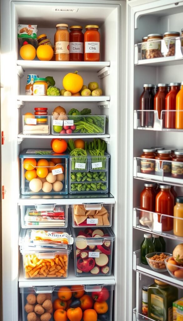 a beautifully organized fridge showcasing various fridge organizers in action, with vibrant fruits, vegetables, and neatly packaged meals. In the foreground, clear plastic bins hold snacks and condiments, while a tiered vegetable organizer is full of colorful produce. The middle of the scene features glass containers with labeled sections for easy access, reflecting a practical yet stylish approach to food storage. In the background, the fridge door is adorned with neatly arranged jars of sauces and beverages. Soft, natural lighting floods the scene, highlighting the cleanliness and organization of the fridge. The mood is inviting and inspiring, encouraging viewers to adopt effective fridge organization. The overall aesthetic aligns with the cozy home decor style of CozyTrendHub. a beautifully organized fridge showcasing various fridge organizers in action, with vibrant fruits, vegetables, and neatly packaged meals. In the foreground, clear plastic bins hold snacks and condiments, while a tiered vegetable organizer is full of colorful produce. The middle of the scene features glass containers with labeled sections for easy access, reflecting a practical yet stylish approach to food storage. In the background, the fridge door is adorned with neatly arranged jars of sauces and beverages. Soft, natural lighting floods the scene, highlighting the cleanliness and organization of the fridge. The mood is inviting and inspiring, encouraging viewers to adopt effective fridge organization. The overall aesthetic aligns with the cozy home decor style of CozyTrendHub.