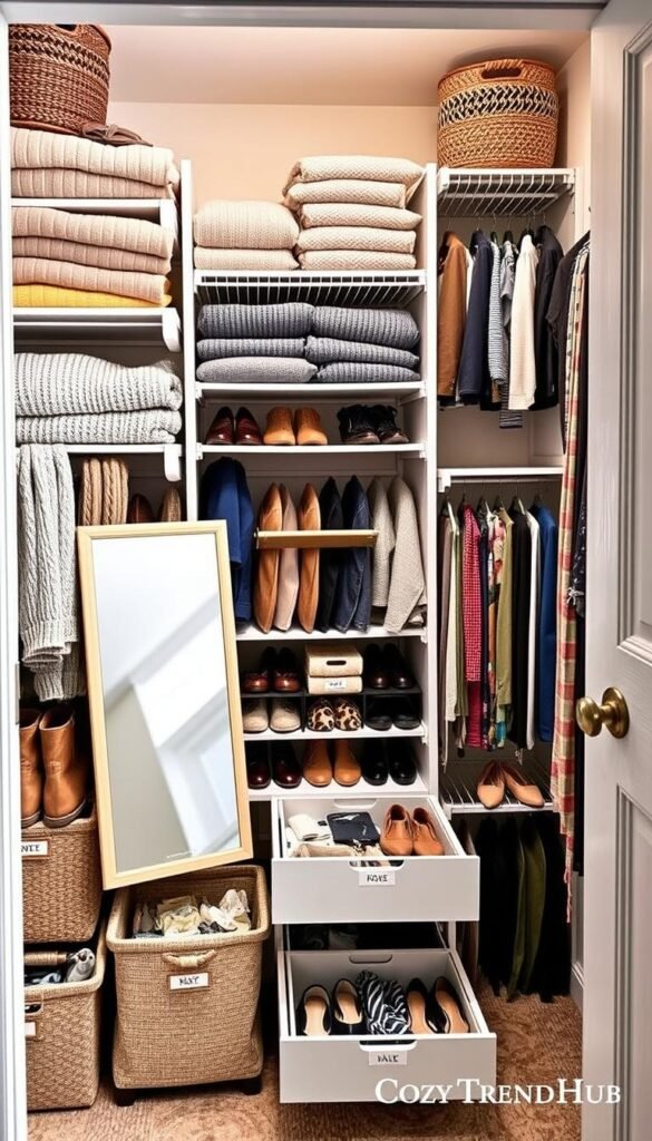 a beautifully organized small closet showcasing various practical and stylish products for maximizing space, featuring tiered shelving filled with neatly folded sweaters and storage baskets, a compact shoe rack with a variety of shoes, and hanging organizers for accessories. In the foreground, there are attractive bins labeled for easy access and a small mirror reflecting the closet's efficient layout. The middle section highlights a pull-out drawer with a neatly arranged collection of scarves and ties. The background presents a soft, diffused natural light coming from a nearby window, enhancing the calm and inviting atmosphere. The image should have a Pinterest aesthetic, portraying a warm and cozy feel, ideal for a lifestyle article theme, branded subtly as "CozyTrendHub".