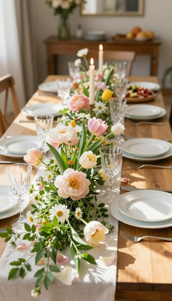 a beautifully set long dining table decorated with a vibrant floral runner featuring an array of fresh spring flowers in soft pastel colors, including peonies, tulips, and daisies. The table is set with elegant white porcelain dinnerware, crystal glassware, and gleaming silver cutlery, all reflecting natural sunlight streaming in. In the foreground, lush greenery and delicate flower petals spill gracefully from the centerpiece, creating a fresh and inviting atmosphere. The middle ground showcases a beautifully arranged charcuterie board alongside flickering candles, adding warmth to the scene. In the background, soft-focus hints of a chic indoor setting with tasteful decor elements. The overall mood evokes spring freshness and celebration, inviting warmth and joy to special occasions. Captured in soft, diffused lighting with a shallow depth of field to create a cozy, Pinterest-worthy aesthetic. Designed for CozyTrendHub.