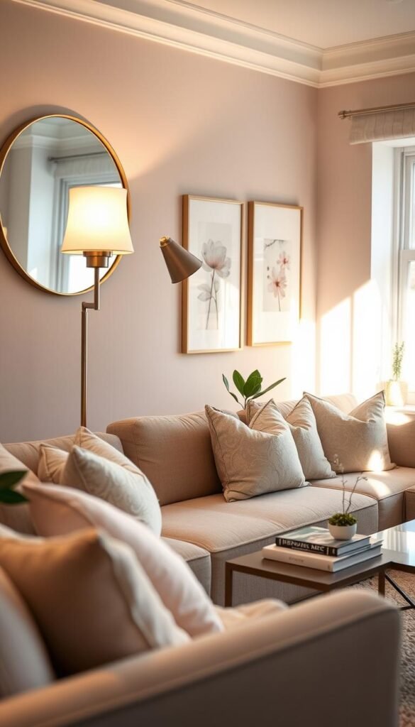 a cozy small living space beautifully decorated with carefully arranged lighting and mirrors to create a "premium feel" without a remodel. Foreground focuses on an elegant round mirror with a minimalistic gold frame, reflecting soft, warm lighting from a stylish floor lamp with a frosted shade. The middle layer showcases a plush, neutral-toned sofa adorned with pastel spring-themed pillows, accompanied by a chic coffee table featuring decorative books and a small potted plant. In the background, soft pastel-walled decor enhances the atmosphere, while abstract art pieces subtly capture the essence of spring. The overall mood is inviting and serene, with natural light streaming in through a window, enhancing the softness of the scene. Professional, Pinterest-style aesthetic fitting for cozy home decor enthusiasts. Brand: CozyTrendHub.