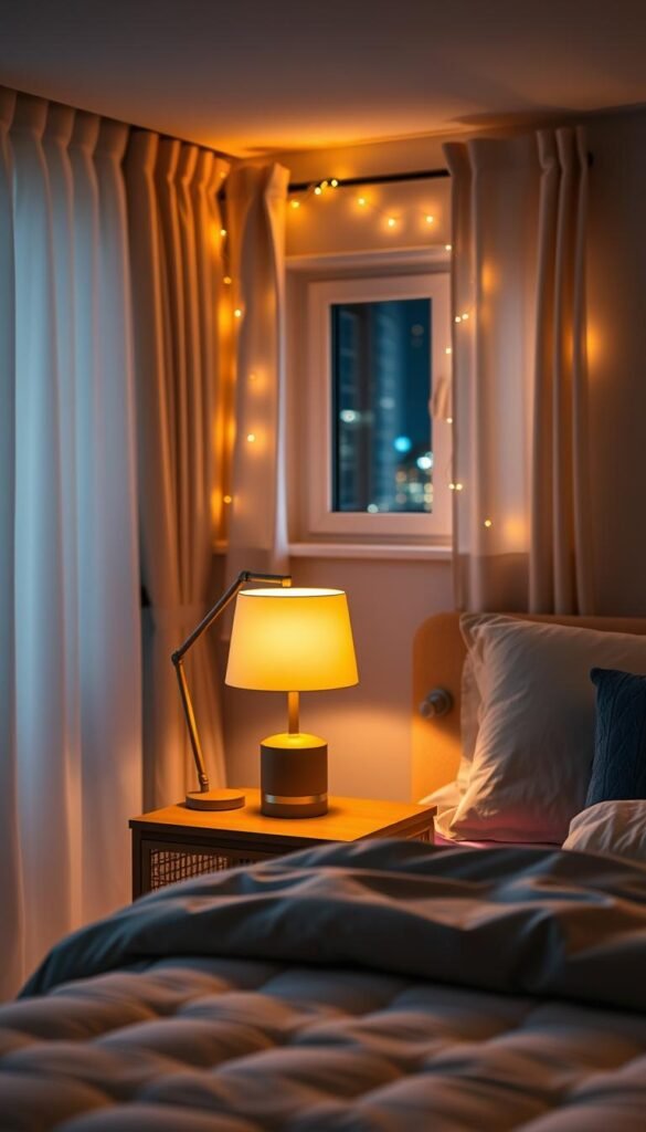a cozy, stylish bedroom designed for night-shift workers, featuring circadian-friendly lighting in warm, soft hues. In the foreground, a tastefully arranged bedside table with a sleek, modern lamp emitting a gentle, amber glow. The middle ground showcases a well-made bed with fluffy pillows and a calming duvet in muted pastels. On the walls, light-filtering curtains softly diffuse the ambient light, creating a serene atmosphere. The background includes a small window with calming night views, framed by fairy lights for an enchanting effect. The scene conveys tranquility and comfort, promoting restful sleep and an inviting space to wind down after work. Shot with a soft focus lens to enhance warmth and intimacy, capturing the essence of "CozyTrendHub" decor, ideal for creating a nurturing environment. a cozy, stylish bedroom designed for night-shift workers, featuring circadian-friendly lighting in warm, soft hues. In the foreground, a tastefully arranged bedside table with a sleek, modern lamp emitting a gentle, amber glow. The middle ground showcases a well-made bed with fluffy pillows and a calming duvet in muted pastels. On the walls, light-filtering curtains softly diffuse the ambient light, creating a serene atmosphere. The background includes a small window with calming night views, framed by fairy lights for an enchanting effect. The scene conveys tranquility and comfort, promoting restful sleep and an inviting space to wind down after work. Shot with a soft focus lens to enhance warmth and intimacy, capturing the essence of "CozyTrendHub" decor, ideal for creating a nurturing environment.