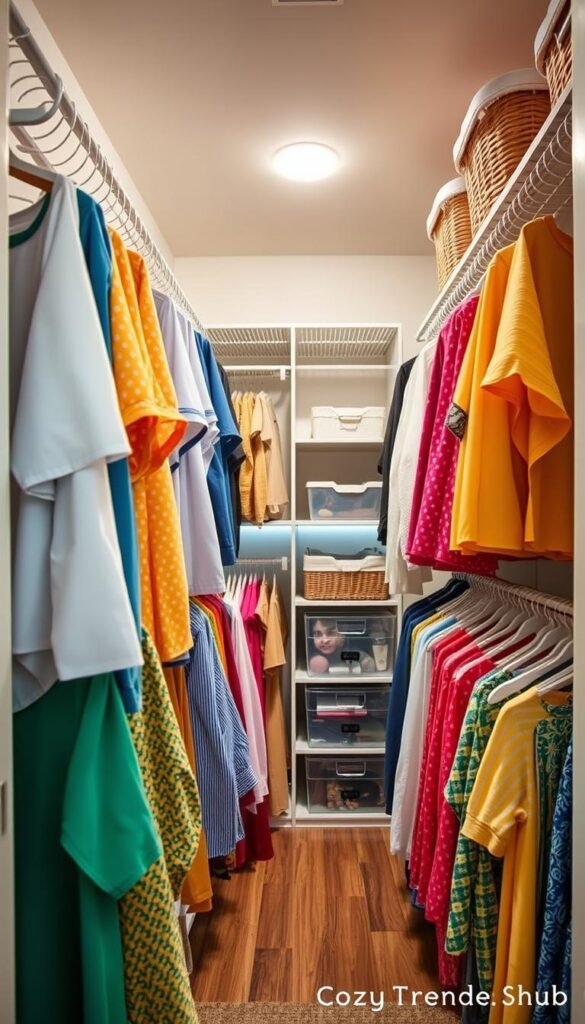 a cozy, well-organized narrow closet featuring double-hanging space dedicated to short items such as shirts, blouses, and kids' clothes. In the foreground, neatly hung colorful shirts and vibrant blouses occupy the upper and lower rods, creating a visually appealing and accessible arrangement. The middle section shows soft lighting that highlights the textures of the fabrics, while the background features stylish storage solutions like woven baskets and clear bins, enhancing the overall organization. The atmosphere is inviting and functional, showcasing a modern aesthetic with a touch of homeliness that fits well with the decor theme. Shot with a wide-angle lens to capture depth, emphasizing the efficient use of space, without any distracting elements. Styled for Pinterest allure, associated with 'CozyTrendHub'.