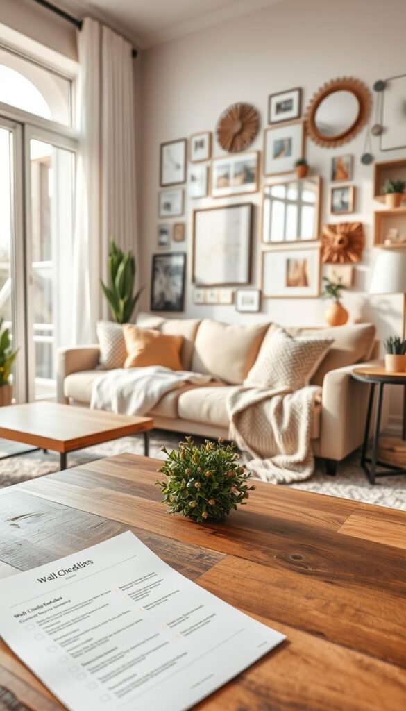 a modern living room designed with a warm and inviting aesthetic, featuring a beautifully styled checklist on a rustic wooden coffee table. The foreground showcases the checklist prominently, with neatly organized sections highlighting key wall decor ideas in a minimalist format. In the middle ground, a plush sofa adorned with textured pillows and a cozy throw is positioned next to a stylish side table, both accentuating the decor theme. The background reveals a tastefully decorated wall with various art pieces, plants, and mirrors, all harmonizing with the room's color palette. Soft natural light filters in through a large window, creating a tranquil and uplifting atmosphere. Capture this scene in a warm, vibrant style typical of Pinterest home decor photography for CozyTrendHub, using a slightly elevated angle for a comprehensive view.