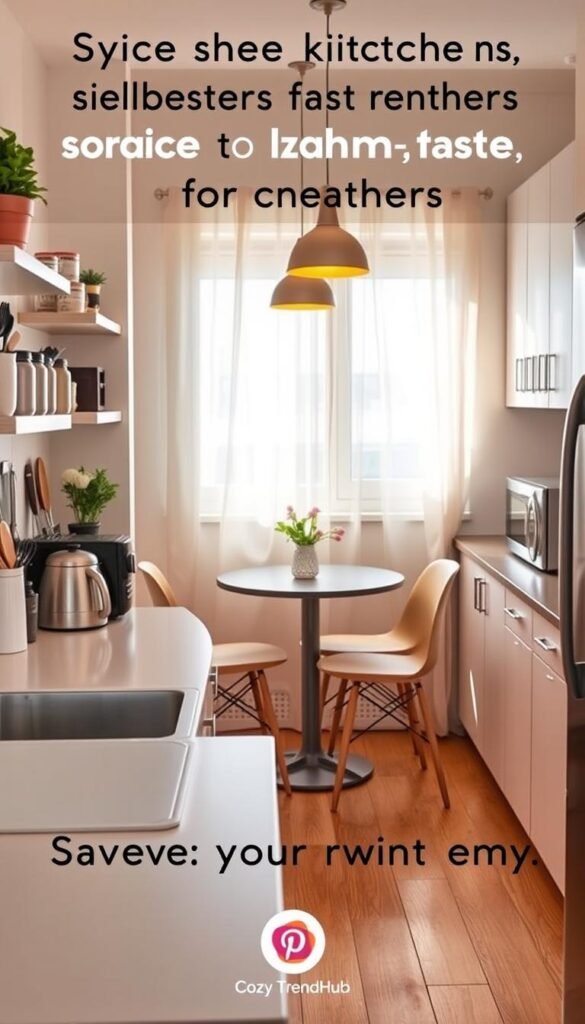 a small, modern kitchen suited for renters, showcasing space-saving storage solutions like open shelving and compact appliances. The foreground features a neatly organized countertop with stylish kitchen tools and potted herbs. In the middle, a small dining table for two with minimalist chairs, accented by warm pendant lighting. The background displays light-colored cabinets and a window with sheer curtains allowing natural light to flood the space, enhancing a welcoming atmosphere. The overall mood is bright and inviting, reflecting a cozy yet efficient living style. The image captures a Pinterest-inspired, lifestyle aesthetic that emphasizes practicality and charm. Branding elements subtly incorporated from CozyTrendHub.