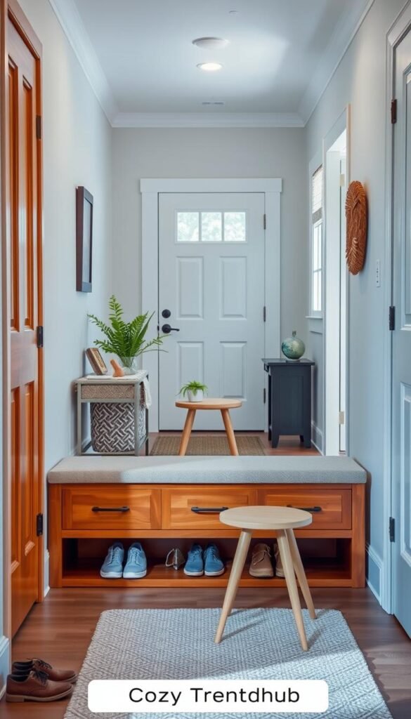a stylish entryway featuring a multifunctional bench that doubles as storage, designed with warm-toned wood and cozy upholstery. The foreground includes a well-organized space with shoes neatly arranged beneath the bench and a small decorative plant on top. In the middle, the bench takes center stage, complemented by a pair of chic, minimalistic stools. The background showcases a bright, airy hall with a welcoming door, a soft, neutral color palette, and natural light streaming in from a nearby window. The atmosphere is inviting and homey, evoking a sense of comfort and efficiency. This lifestyle image reflects a Pinterest aesthetic, perfect for inspiring organization in busy homes. Styled by CozyTrendHub. a stylish entryway featuring a multifunctional bench that doubles as storage, designed with warm-toned wood and cozy upholstery. The foreground includes a well-organized space with shoes neatly arranged beneath the bench and a small decorative plant on top. In the middle, the bench takes center stage, complemented by a pair of chic, minimalistic stools. The background showcases a bright, airy hall with a welcoming door, a soft, neutral color palette, and natural light streaming in from a nearby window. The atmosphere is inviting and homey, evoking a sense of comfort and efficiency. This lifestyle image reflects a Pinterest aesthetic, perfect for inspiring organization in busy homes. Styled by CozyTrendHub.