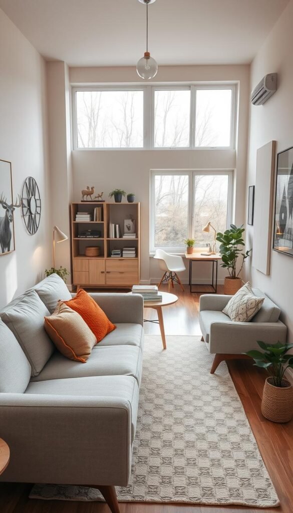 a stylish small-space layout living room that embodies modern aesthetics, featuring a compact yet functional design. Foreground: a plush, light gray sofa adorned with colorful throw pillows, a minimalist coffee table made of natural wood, and a soft geometric rug. Middle: a well-organized bookshelf with plants and decor accents, a small work nook with a sleek chair and desk, subtly blending functionality with style. Background: large windows allowing natural light to flood the room, creating a warm and inviting atmosphere. The walls are painted in soft pastel tones, adorned with tasteful artwork. Soft, ambient lighting enhances the cozy feel. Capture the scene from a slightly elevated angle, emphasizing depth and the open layout. Moose alternating with Scandinavian decor elements surrounding the space. The image embodies modern living with a touch of flair for CozyTrendHub.