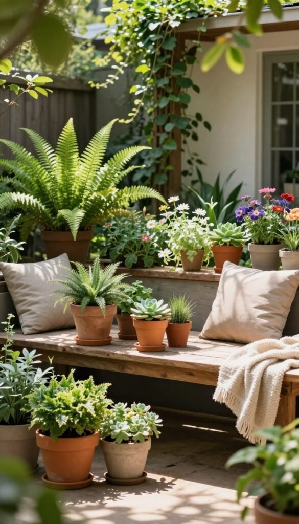 lush greenery in a charming outdoor space filled with a variety of vibrant potted plants, including ferns, succulents, and flowering herbs, artfully arranged on a rustic wooden table. A cozy seating area features neutral-toned cushions and a soft throw blanket, inviting relaxation. Sunlight filters through the leaves, casting dappled shadows on the ground, enhancing the colors of the plants. In the background, a trellis draped with climbing vines adds depth to the scene, while soft blurred edges create a dreamy atmosphere. The image evokes a serene, budget-friendly ambiance, perfect for inspiring readers. Captured with a warm color tone and a slight soft-focus using a 50mm lens, this Pinterest-style lifestyle image embodies the essence of nature-inspired decor. Ideal for showcasing CozyTrendHub's aesthetic in home improvement.