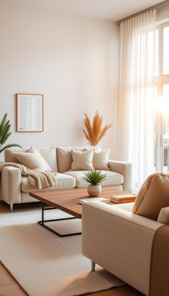 minimal living room design featuring a cozy yet minimalist aesthetic, arranged with neutral colors such as soft beiges, warm taupes, and calming whites. In the foreground, a plush, beige sofa adorned with textured throw pillows and a soft, knitted blanket. The middle ground includes a sleek wooden coffee table with a small potted plant and a few artfully arranged coffee table books. The background features a large window allowing natural light to pour in, highlighting the airy atmosphere. Light golden hour rays create a warm glow throughout the space, enhancing the tranquility. Subtle decor elements like a minimalist wall art and a soft, patterned area rug complete the look. The overall ambiance is inviting and relaxed, ideal for modern living. CozyTrendHub.